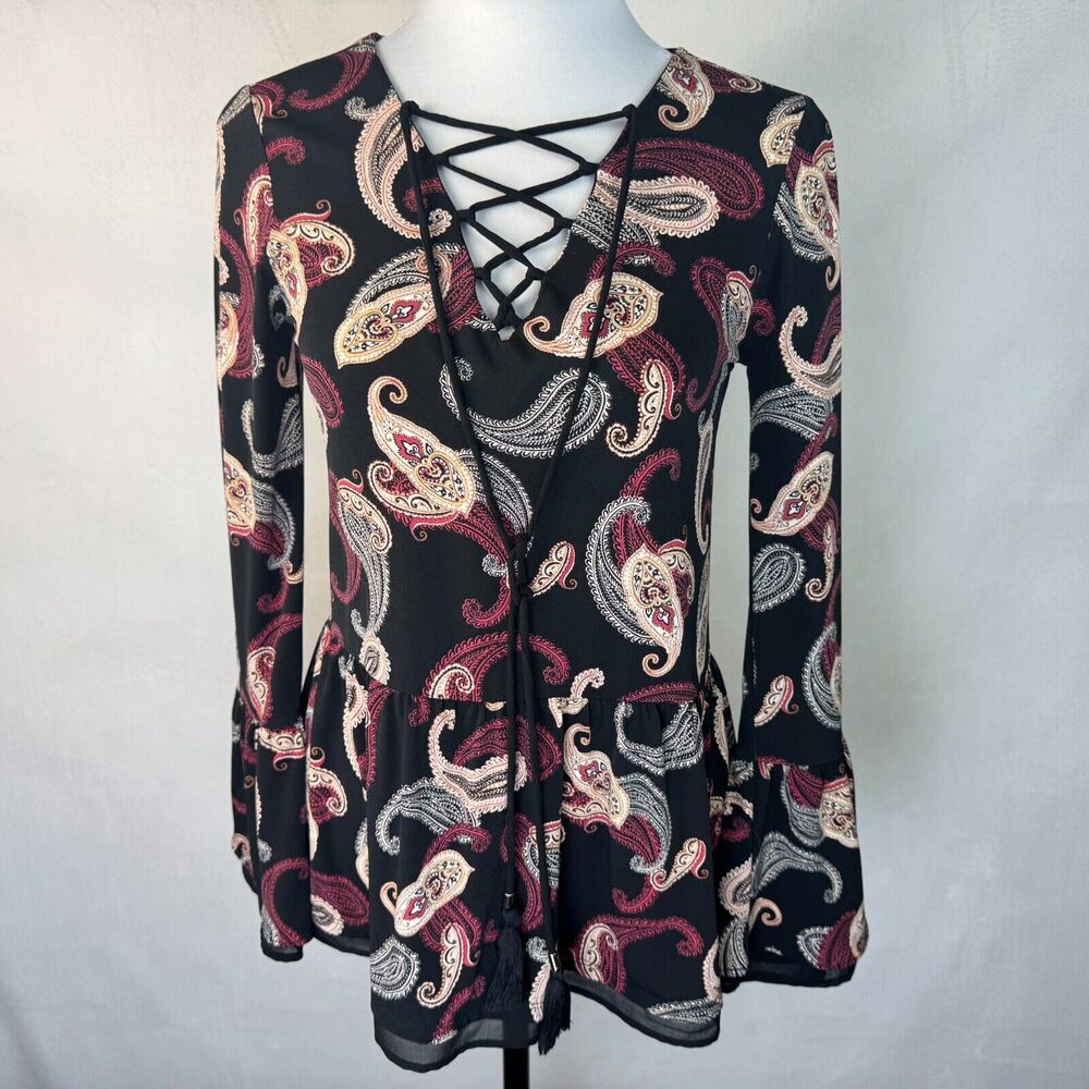 White House Black Market Sz XXS Paisley Print Peplum Criss Cross Tie Bell Sleeve